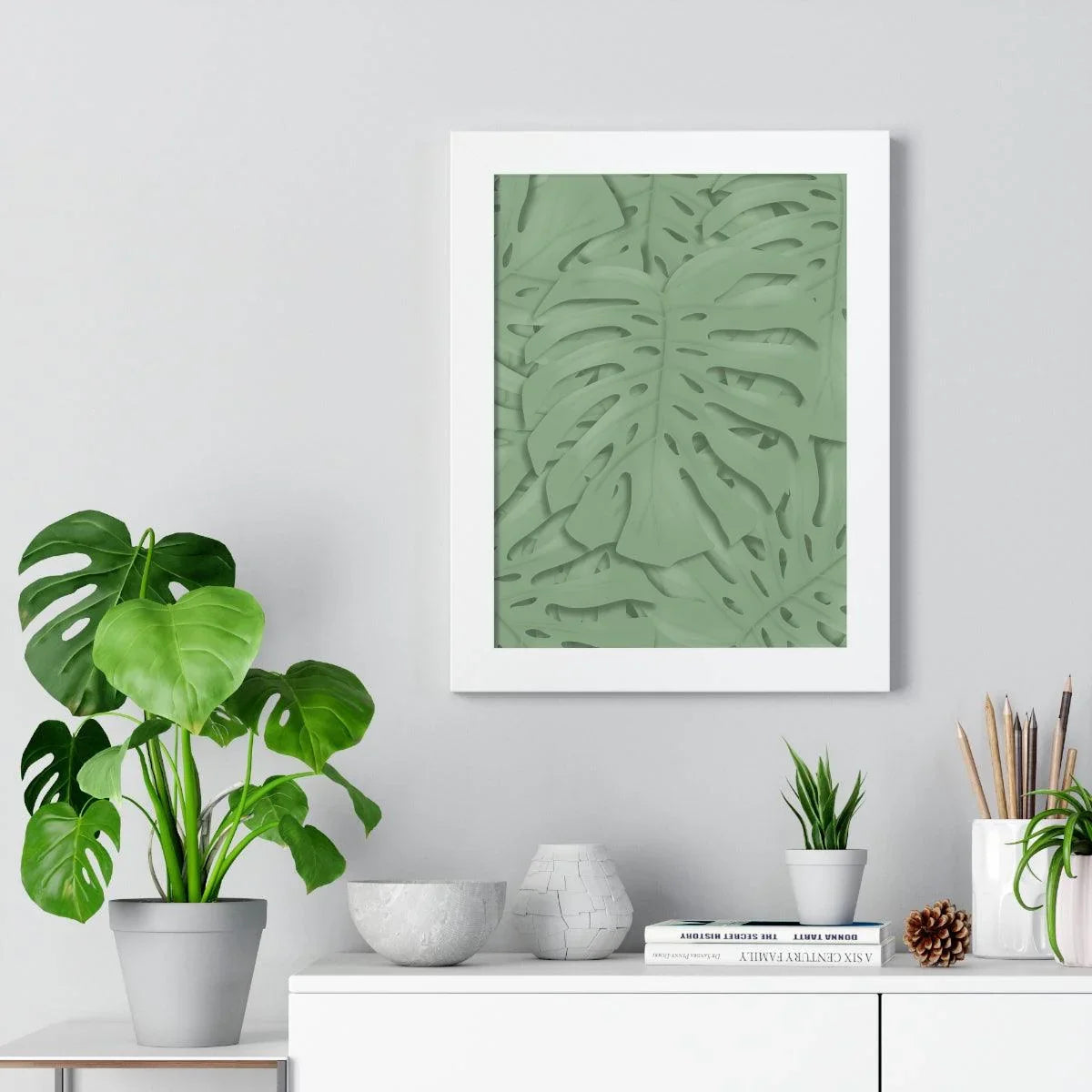 Sage Green Monstera Framed Print – Botanical Wall Art