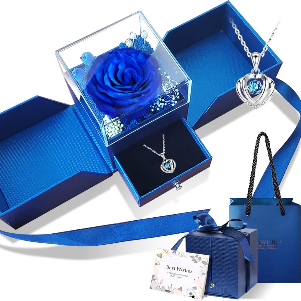 Preserved Real Rose | Perfect Eternal Flowers Rose Gifts with Necklace for Mom, Girlfriend for Mother'S Day, Valentine's, Anniversary, Thanksgiving, or Christmas | Blue Color, Metal Material