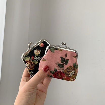 Retro Mini Canvas Coin Purse - Vintage Floral Plaid Small Zipper Wallet Organizer