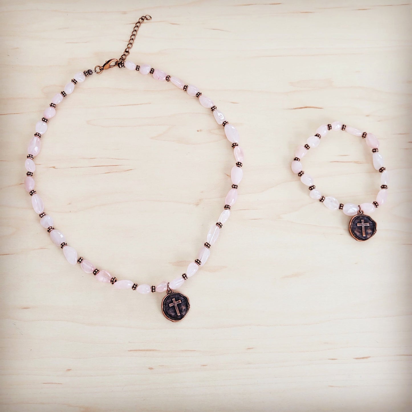 **Rose Quartz Beaded Stretch Bracelet w/ Copper Cross Charm 811v