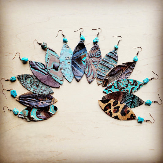 **Leather Oval Earrings in Brown Floral w/ Turquoise Accent 206r