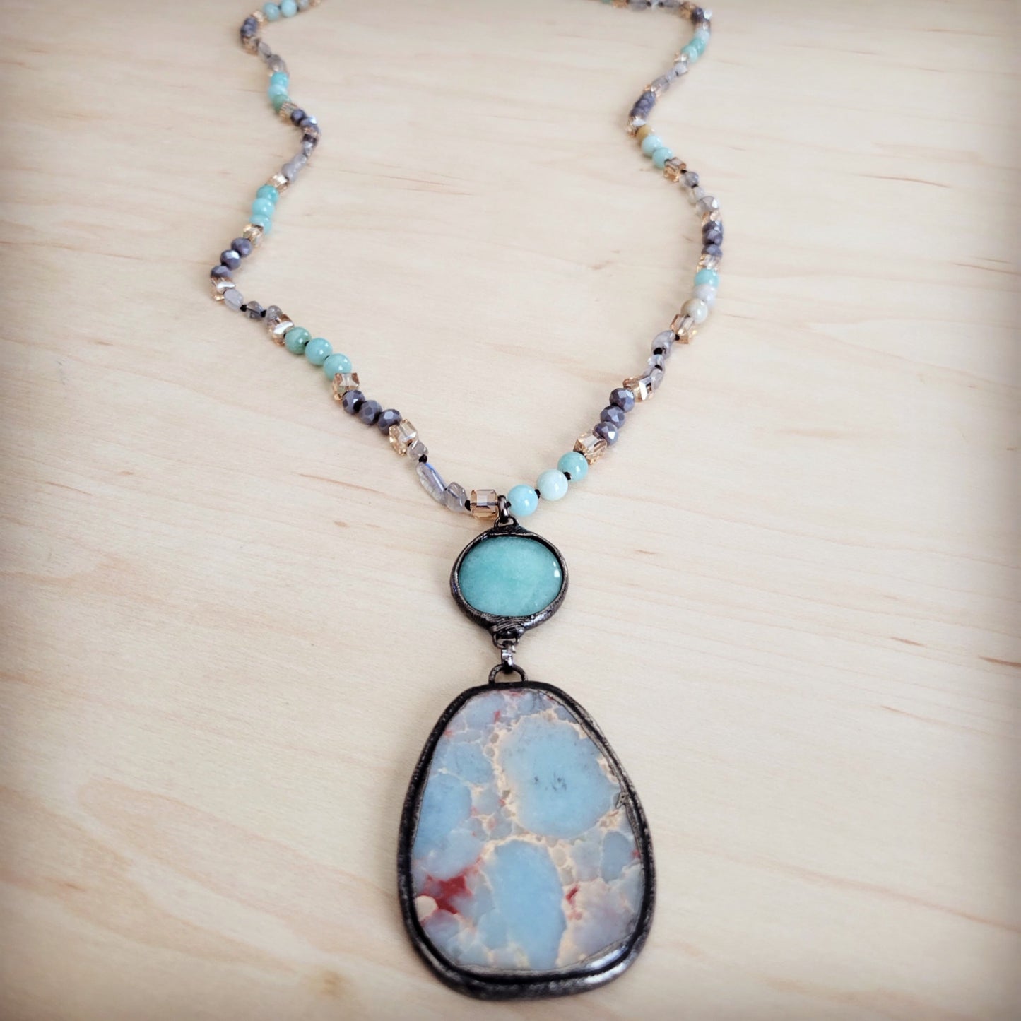 **Amazonite & Crystal Long Beaded Necklace w/ Large Jasper Pendant 262q