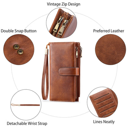 RFID Blocking Vintage Tri-fold Wallet - Multi-functional Oil Wax Leather Purse