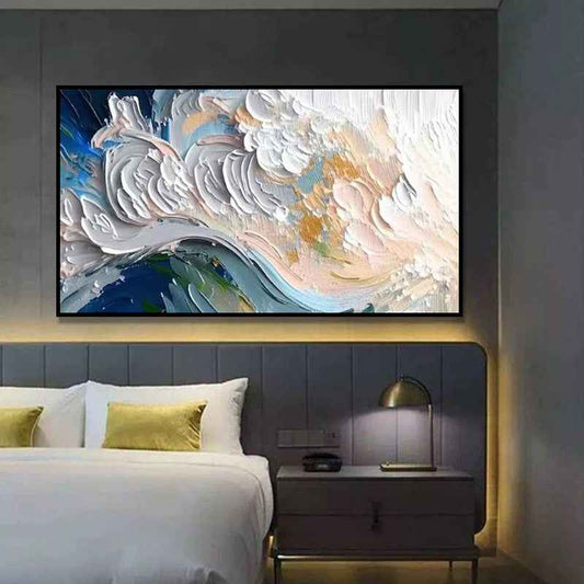 New Design Green Blue And White Seawaves Thick Canvas Handmade Oil Painting Original Abstract Beige Blue Sea Scape Wall Art Decor