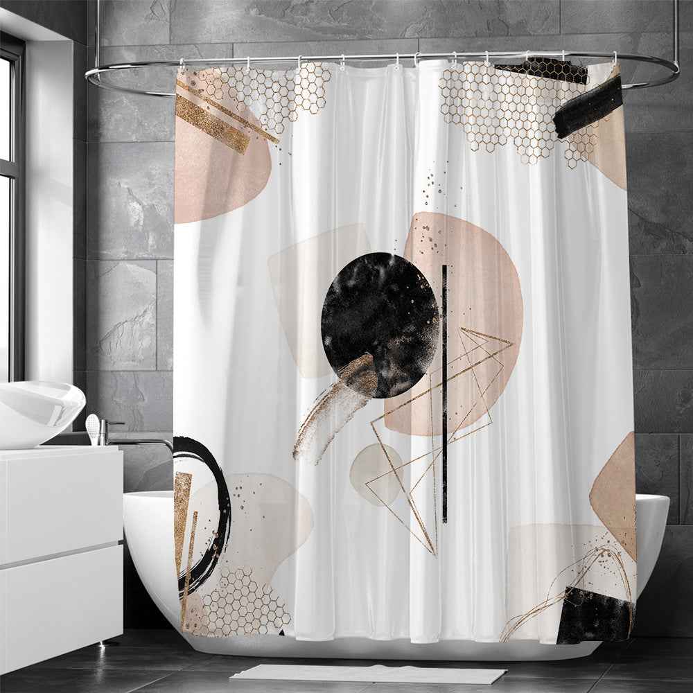 Modern Retro Neutral Waterproof Shower Curtain Set - Abstract Geometric Waffle Weave Fabric for Minimalist Bath Decor