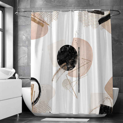 Modern Retro Neutral Waterproof Shower Curtain Set - Abstract Geometric Waffle Weave Fabric for Minimalist Bath Decor