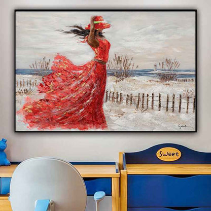 Hand-Painted Oil Painting Canvas Wall Art Decoration Girl Red Dress Seaside Abstract People Texture Art For Home Living Room Artwork Decor Rolled Frameless Unstretched Painting