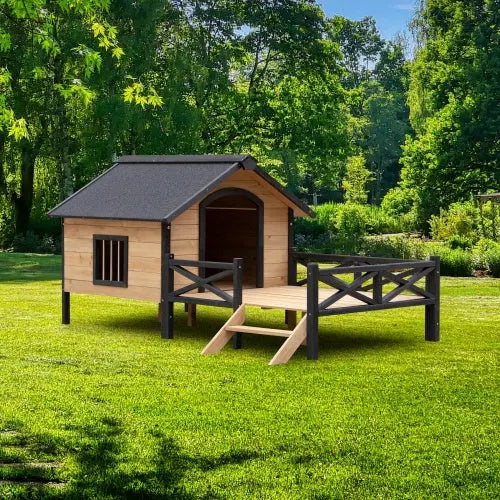 Premium Outdoor Wooden Dog Kennel - Large Cabin Style Pet House with Porch & Weather-Resistant Fir Wood