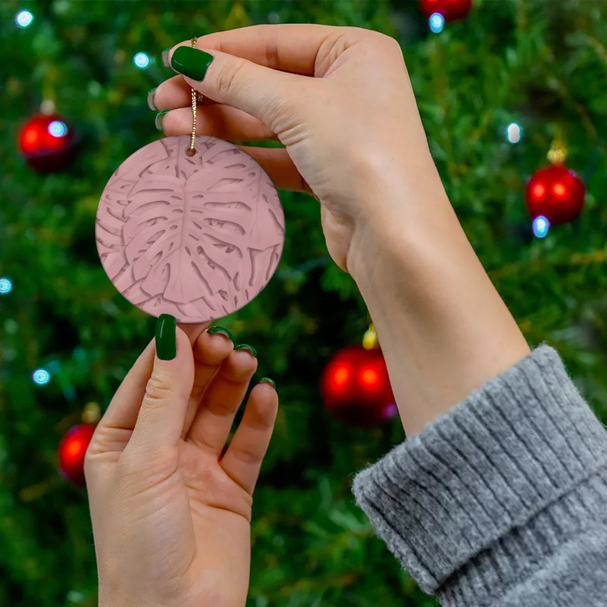 Soft Pink Monstera Ceramic Ornament