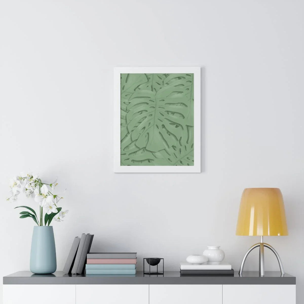 Sage Green Monstera Framed Print – Botanical Wall Art