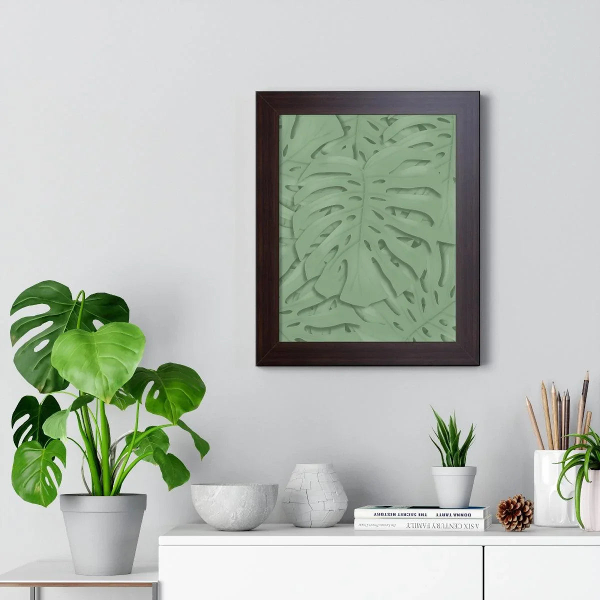 Sage Green Monstera Framed Print – Botanical Wall Art