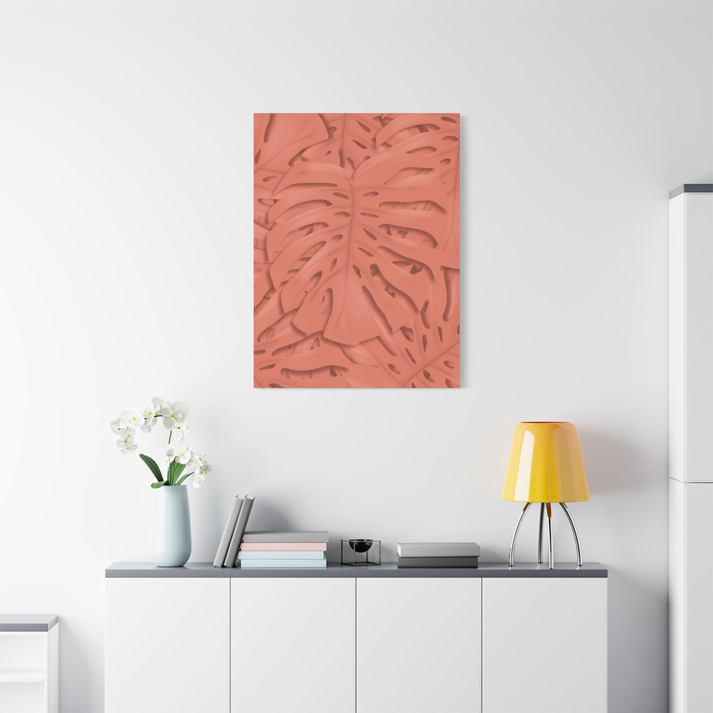 Coral Monstera Canvas Print – Botanical Wall Art