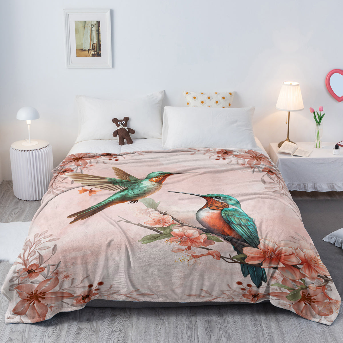 1pce Hummingbird Floral Fleece Throw Blanket Soft And Fluffy Multifunctional Outdoor Beach Camping Living Room Sofa Office Nap Printed Blanket