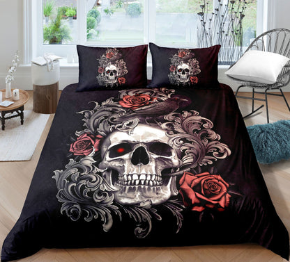 Fashion Skull 3D Digital Printing Skull Three-piece Set Bed Sheet Quilt Cover Pillowcase