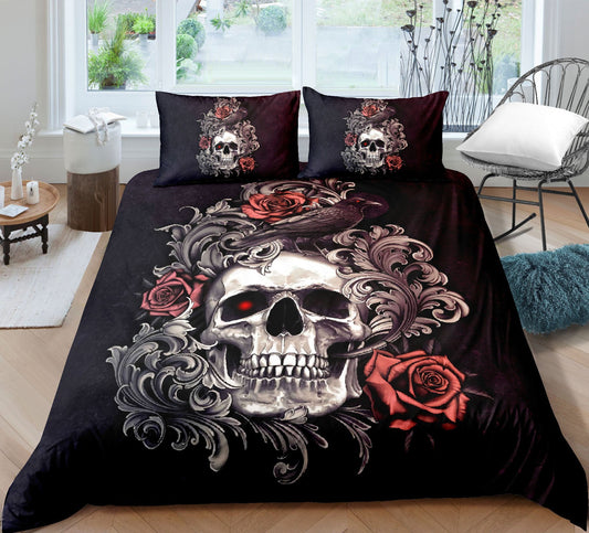 Fashion Skull 3D Digital Printing Skull Three-piece Set Bed Sheet Quilt Cover Pillowcase