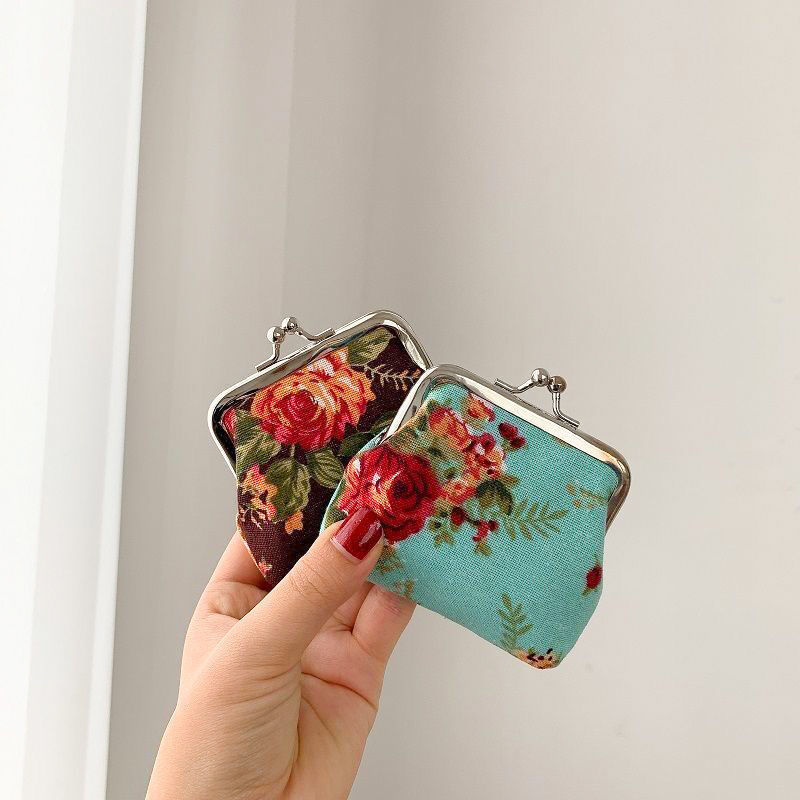 Retro Mini Canvas Coin Purse - Vintage Floral Plaid Small Zipper Wallet Organizer
