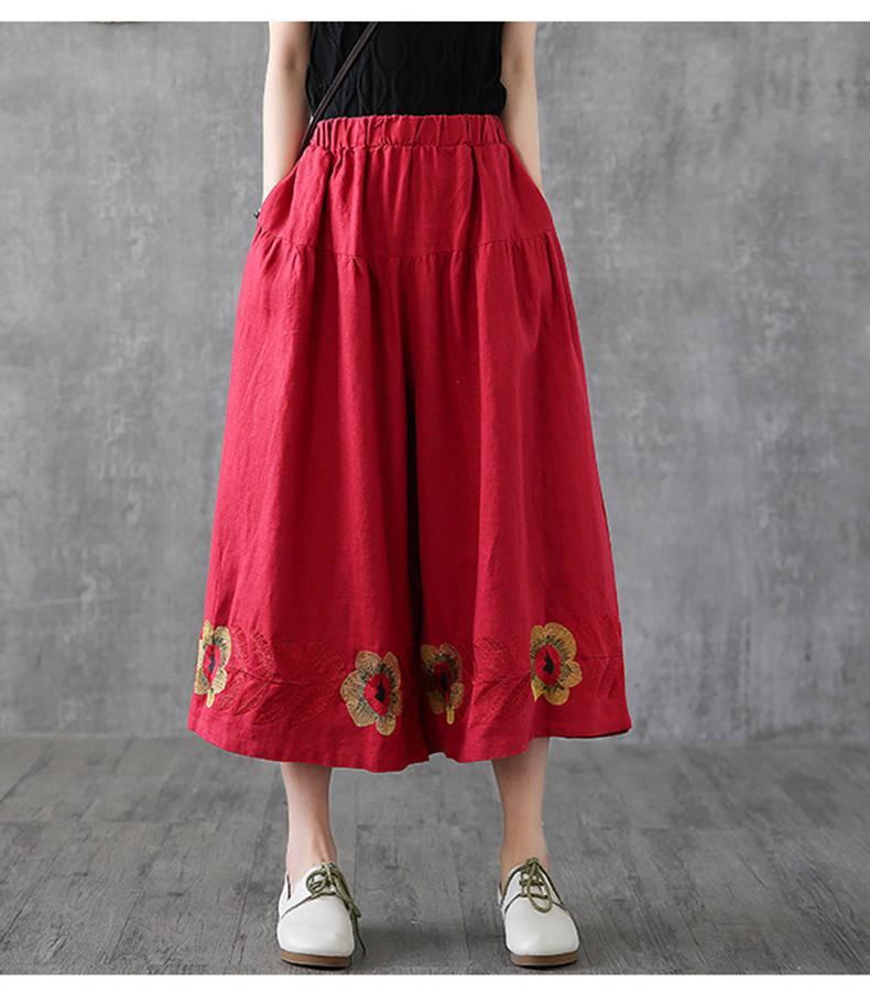 Ladies New Summer Retro Hemp Embroidered Flower Pants