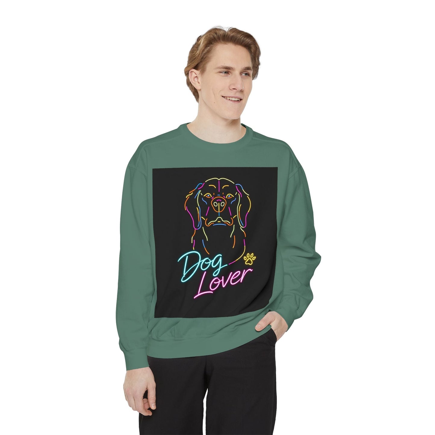 Dog Lover Sweatshirt — Neon Puppy Graphic Crewneck