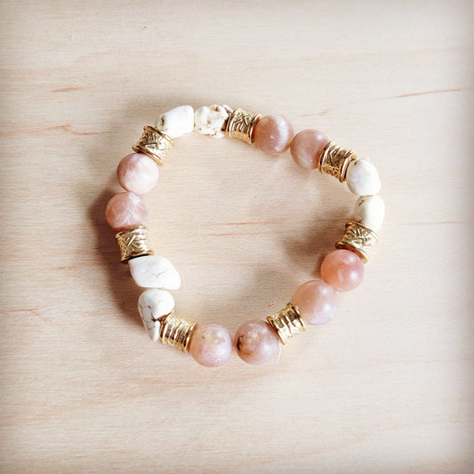 Frosted Sunstone & White Turquoie Beaded Stretch Bracelet 811o