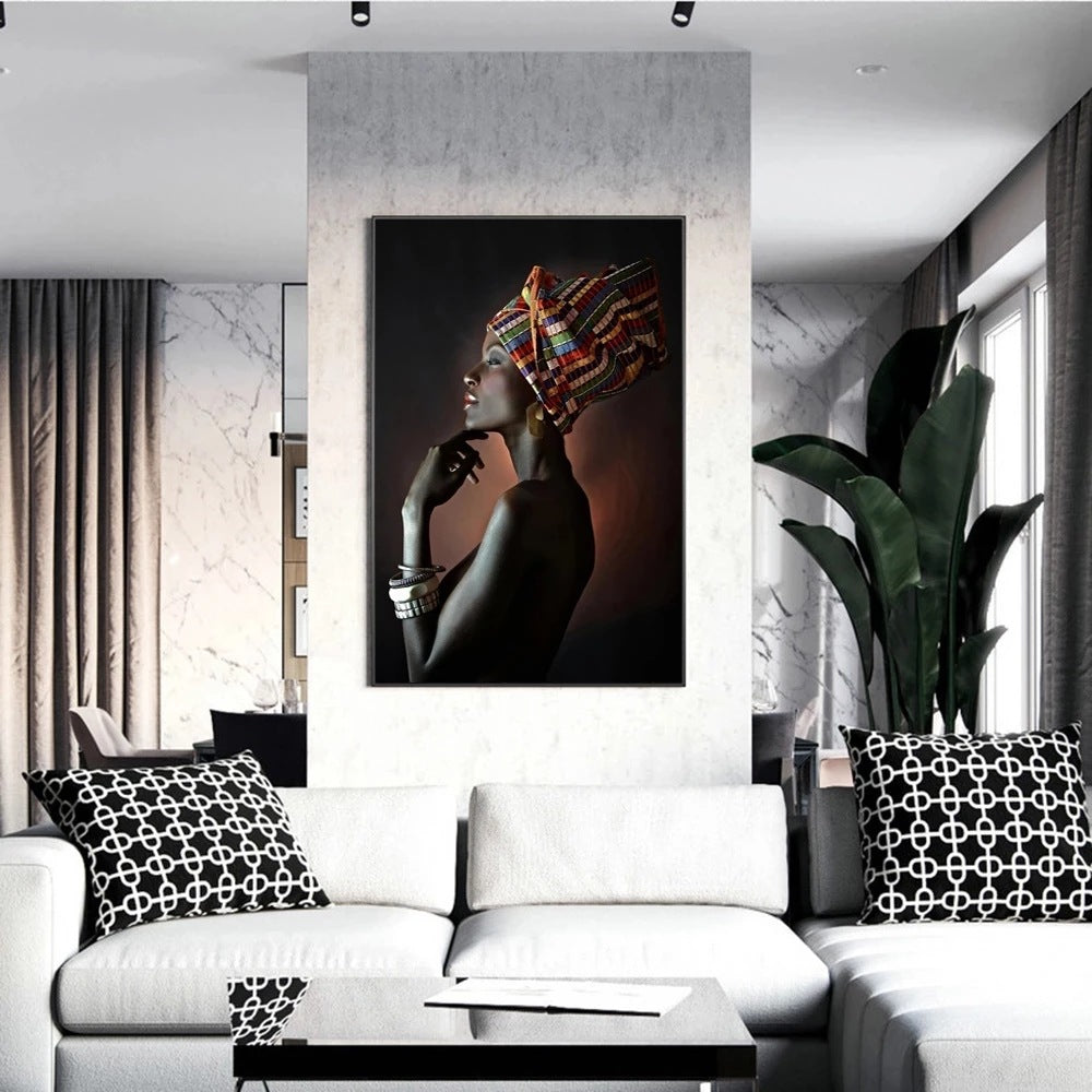 African Art Black Girl Silver Jewelry Canvas Painting Art Poster