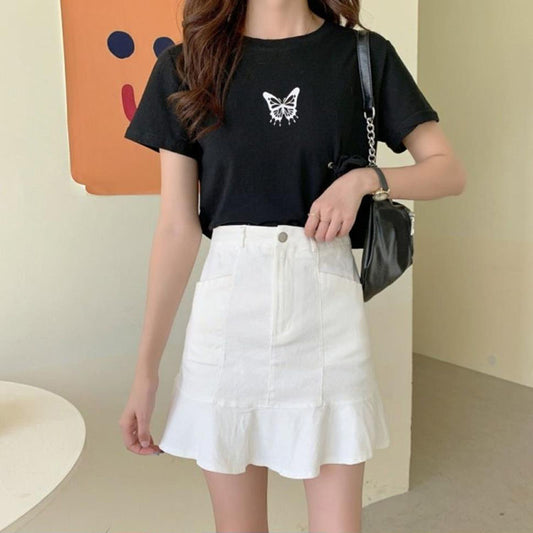 Summer High Waist Skirt Black Ruffled Short Skirt