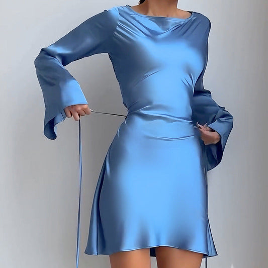 Waist Trimming Lace Up Satin Dress Women's Bag Hip Skirt