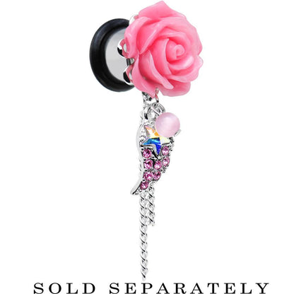 Pink Gem Angel Wing and Pink Rose Flower Single Flare Dangle Plug Sizes 0G to 16mm