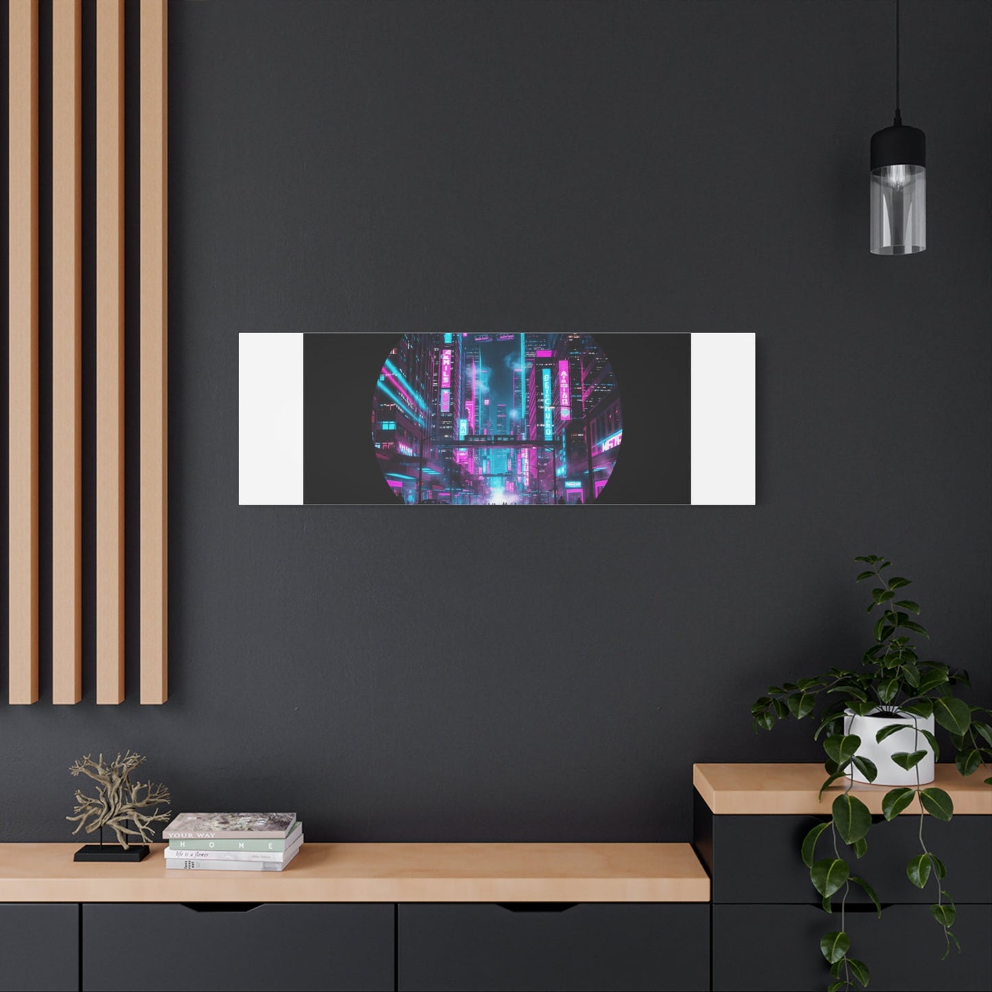 Neon Cyberpunk Cityscape Canvas | synthwave skyline, future city art
