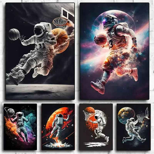 Colorful Poster Of Astronauts Playing Basketball In Space