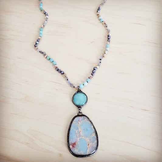 **Amazonite & Crystal Long Beaded Necklace w/ Large Jasper Pendant 262q