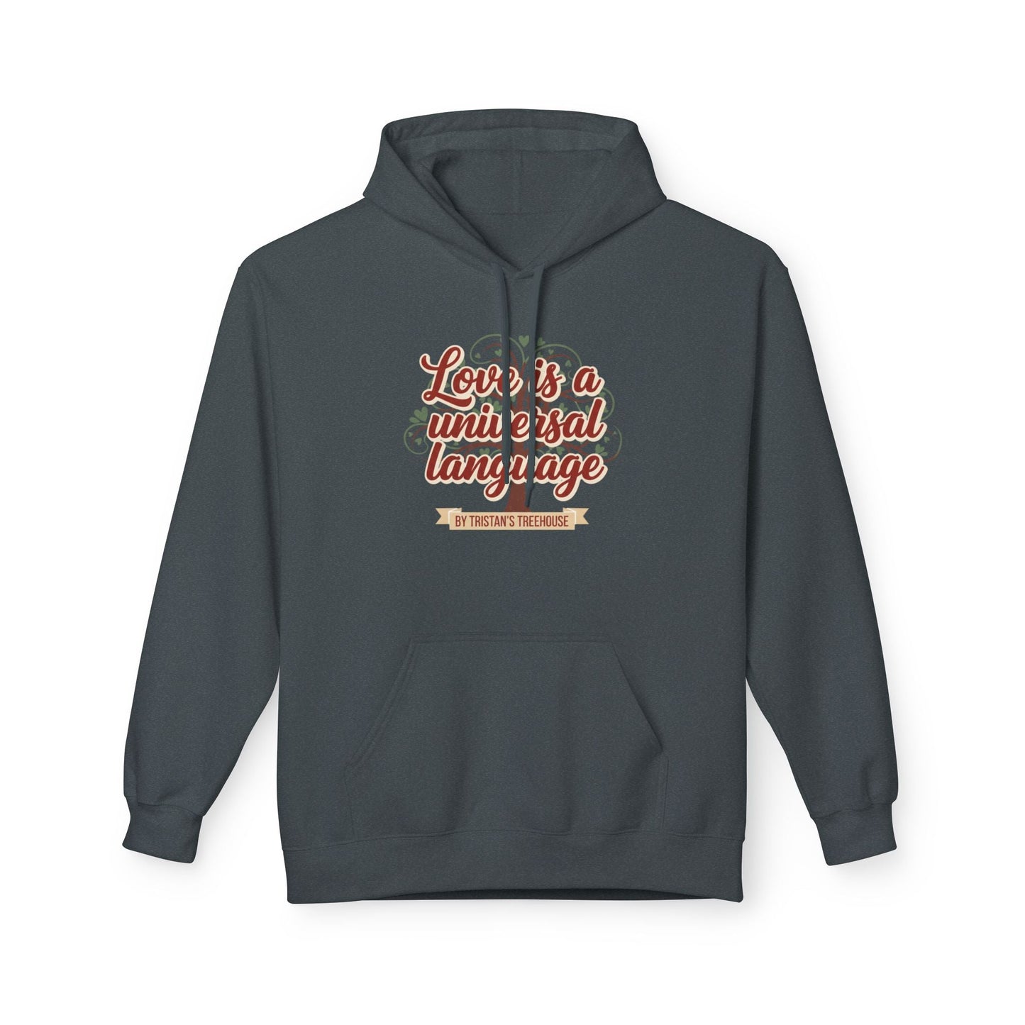 Hoodie — “Love is a Universal Language” Cozy Retro Cabin Graphic Hoodie