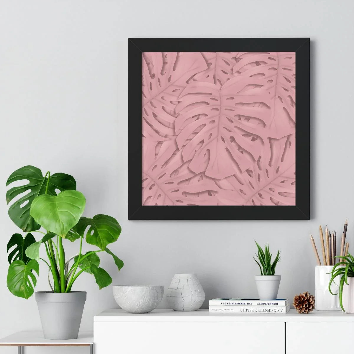 Soft Pink Monstera Framed Print – Botanical Wall Art