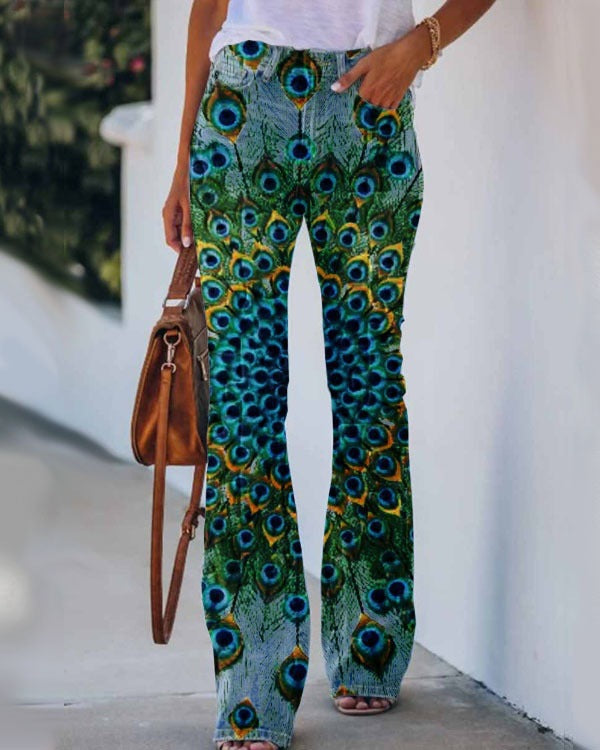 Womens 3D Patterned Flare Jeans - Artistic Printed High-Waisted Denim Trousers