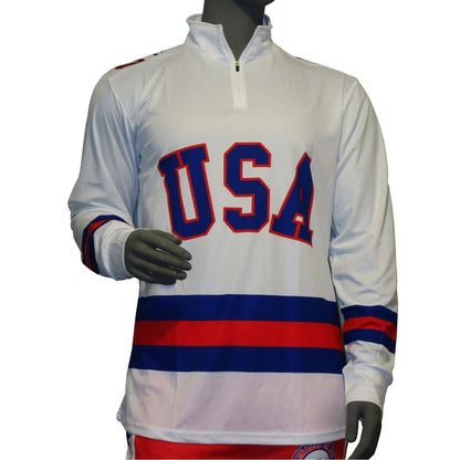 USA Hockey Officially Licensed "Miracle on Ice 1980 Team" Jersey White Lightweight 1/4 Zip Pullover-Adult