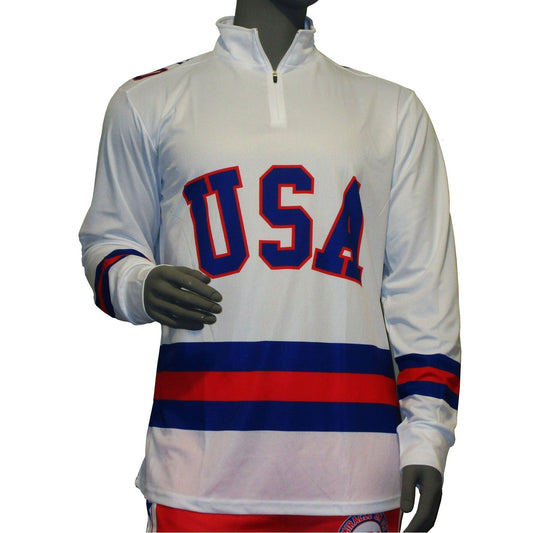 USA Hockey Officially Licensed "Miracle on Ice 1980 Team" Jersey White Lightweight 1/4 Zip Pullover-Adult