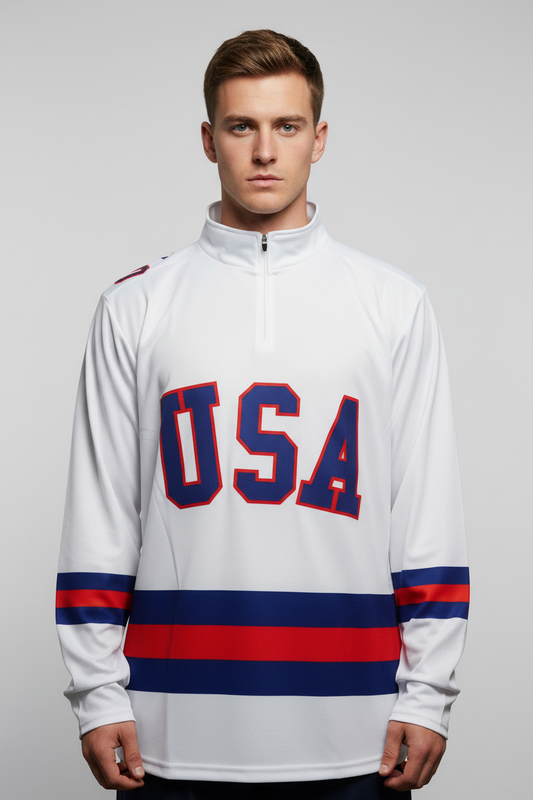 USA Hockey Officially Licensed "Miracle on Ice 1980 Team" Jersey White Lightweight 1/4 Zip Pullover-Adult