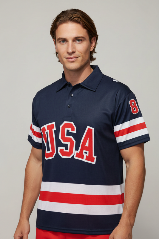 USA Hockey Officially Licensed "Miracle on Ice 1980 Team" Jersey Navy Polo Shirt