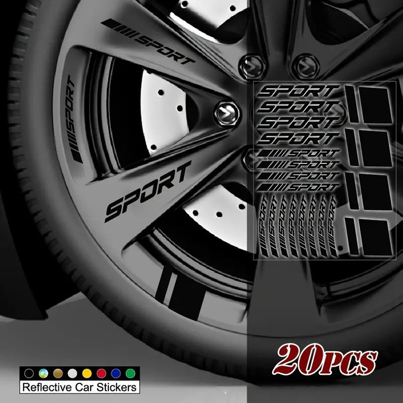 20pcs Reflective Sport Car Wheel Rim Vinyl Stickers - Self-Adhesive Racing Stripe Decals with Glossy Finish, Checkered & Stripe Patterns, Red/ Colors, Irregular Shapes for Night Driving Safety, Easy Application & Removal, Dur