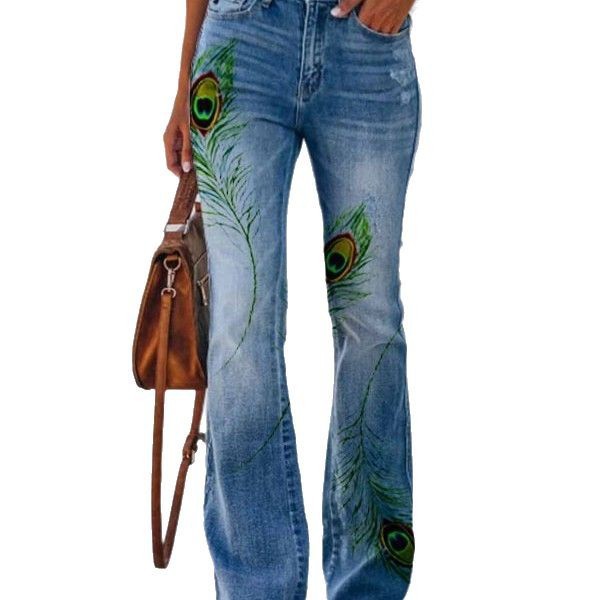 Womens 3D Patterned Flare Jeans - Artistic Printed High-Waisted Denim Trousers