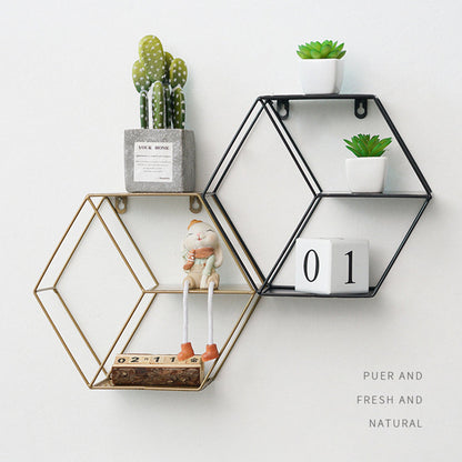 Hexagon Metal Wall Shelf - 3-Tier Industrial Iron Geometric Floating Storage Rack