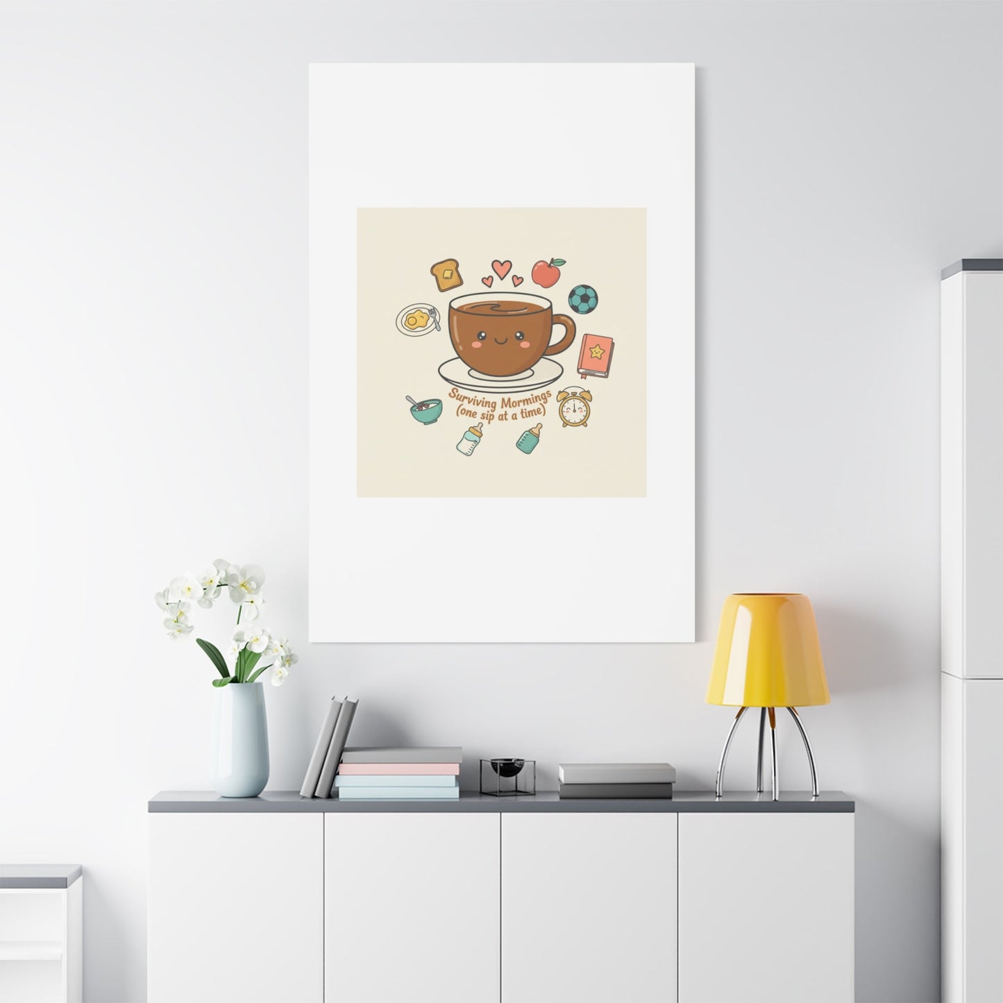 Surviving Mornings (One Sip at a Time) Canvas | Parenting Morning Humor, Coffee & Kids
