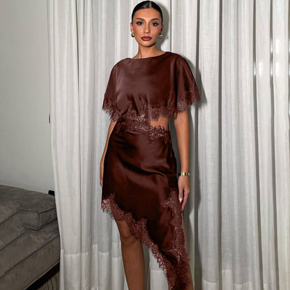 Womens Brown Asymmetrical Lace Dress