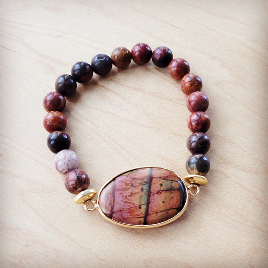 **Picasso Jasper Beaded Bracelet with Center Agate Stone Accent 810z