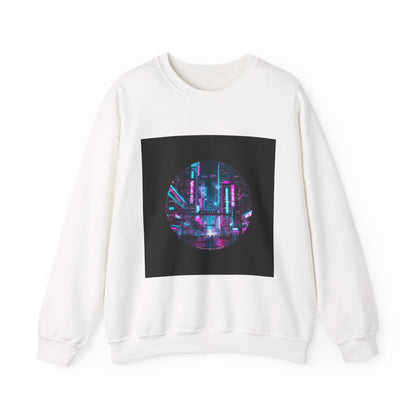 Neon Cyberpunk Skyline Sweatshirt | synthwave cityscape, future city art