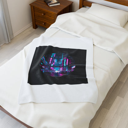 Neon Cyberpunk Cityscape Velveteen Plush Blanket | synthwave skyline