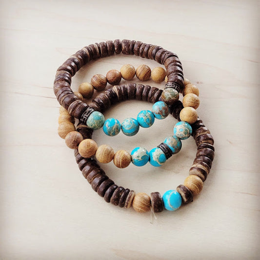 Wood and Imperial Jasper Stretch Bracelet Trio 808a