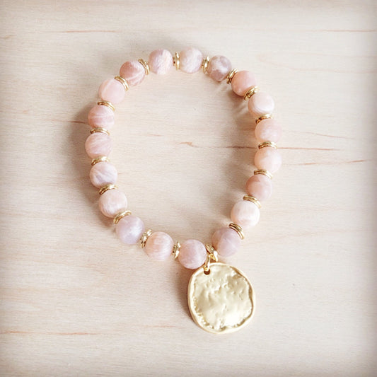 Frosted Sunstone Stretch Bracelet w/ Matte Gold Charm 811q