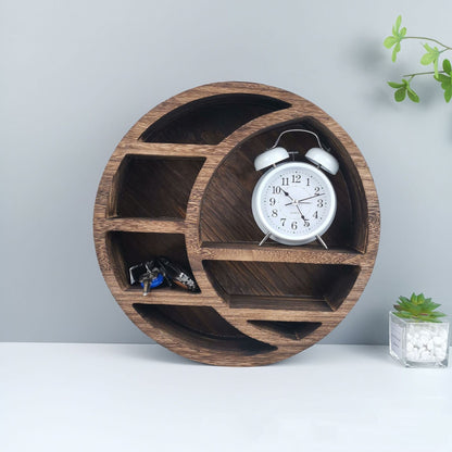 Wooden Round Moon Shelf - 3-Tier Circular Crescent Phase Floating Wall Rack