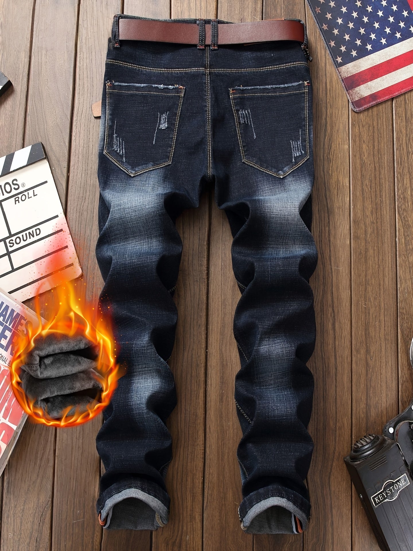 Men's Thermal Distressed Winter Jeans - Thickened Fleece-Lined Denim with Aged Patchwork & Heavy Wash Design
