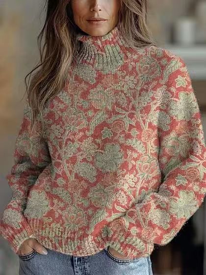 Elegant 3D Floral Print Turtleneck Sweater - Cozy Long Sleeve Pullover
